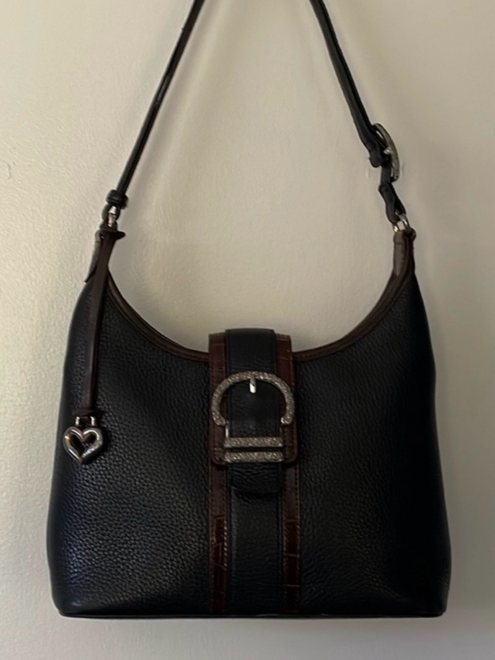 Brighton Black Pebbled Leather Shoulder Bag With Brown Trim.